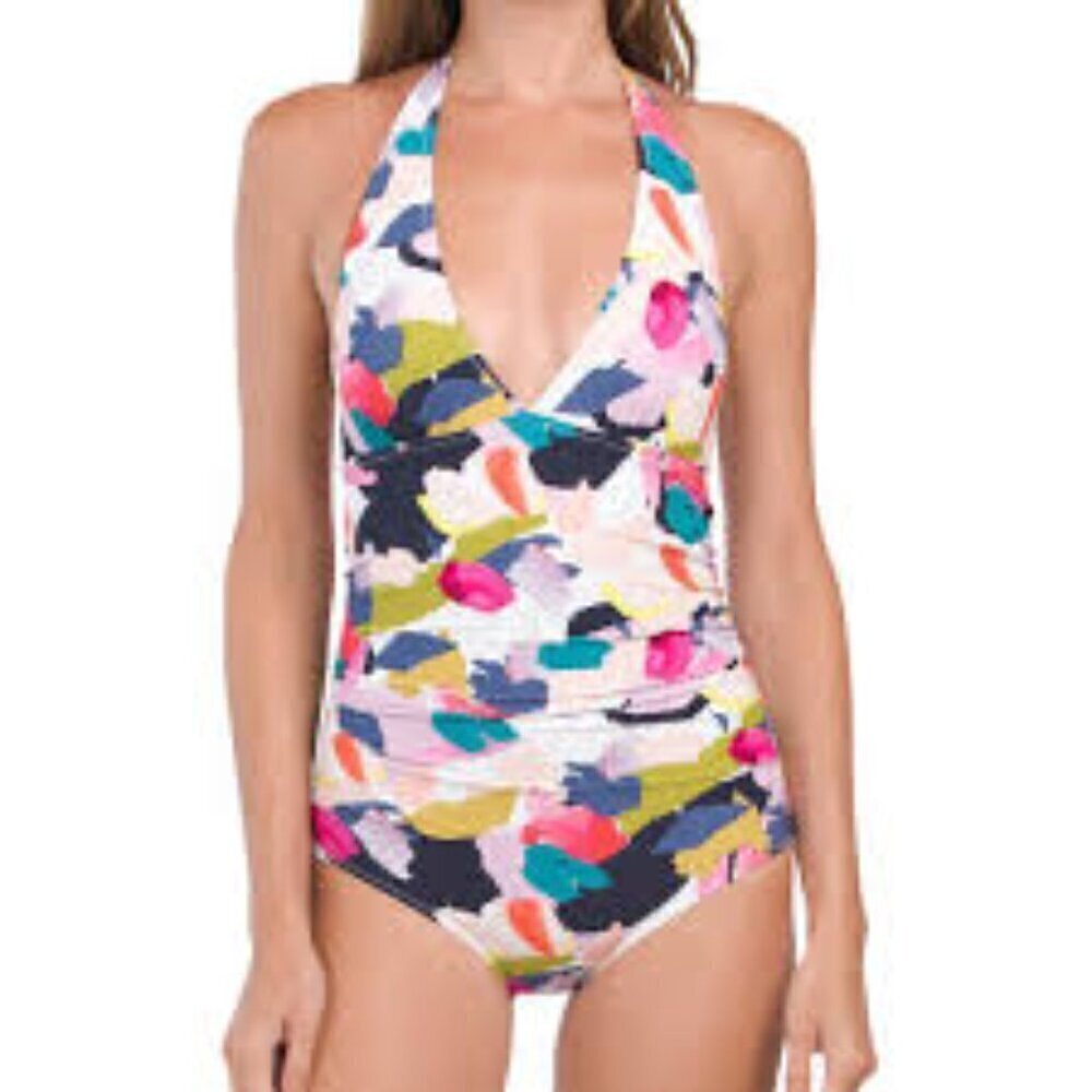 Gottex Halter One Piece Swimsuit Canvas Print Multi 8 White Pink Green